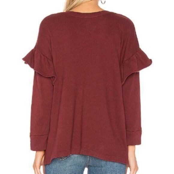 CURRENT ELLIOT Burgundy Ruffled Sleeve Sweatshirt Comfy Lightweight Size M NWOT - Picture 2 of 7